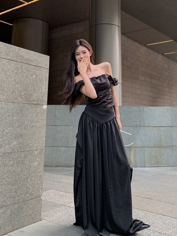 HOUZHOU gaun malam hitam elegan dan wanita, Set gaun dua potong kasual gaya Korea tanpa lengan gaun pesta pernikahan panjang