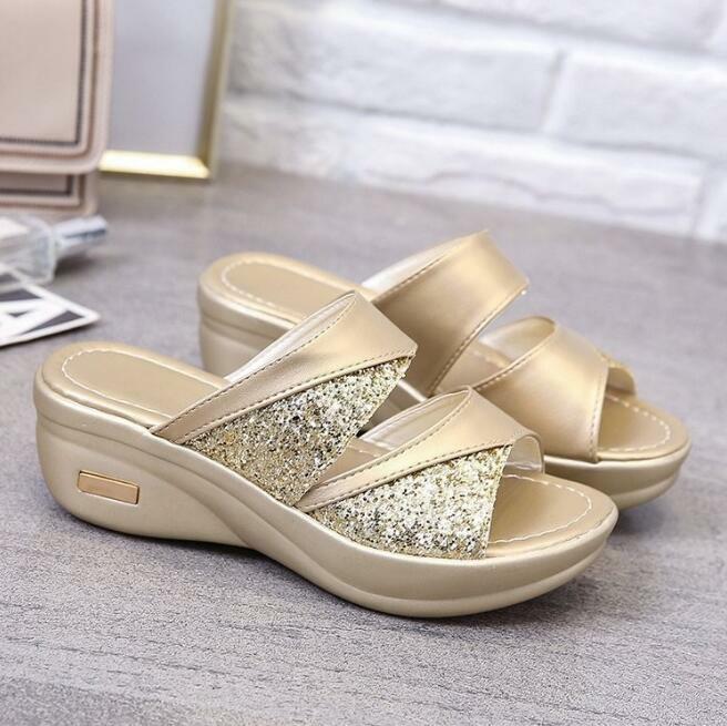 Women Casual Slingbacks Sandals Glitter PU Wedge Platform Comfortable Sandals for Female Spring Summer Wedge Slippers