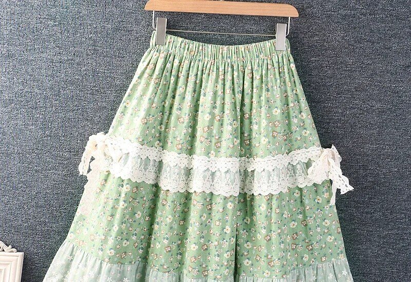 Spring Summer Mori Girl Floral Print Sweet Lace Embroidery Patchwork Skirt Women Elastic Waist Retro Vintage Cotton Linen Skirts