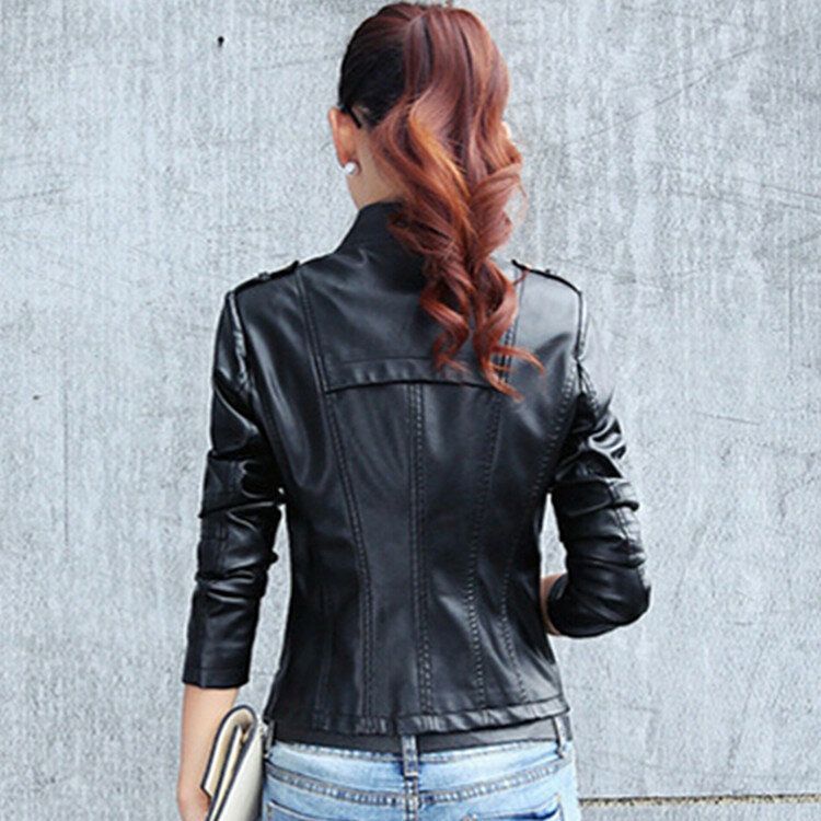 Jesienno-zimowe kurtki ze sztucznej skóry damskie z długim rękawem na suwak Slim, czarny motocyklista płaszcz skórzany damski odzież wierzchnia Q445