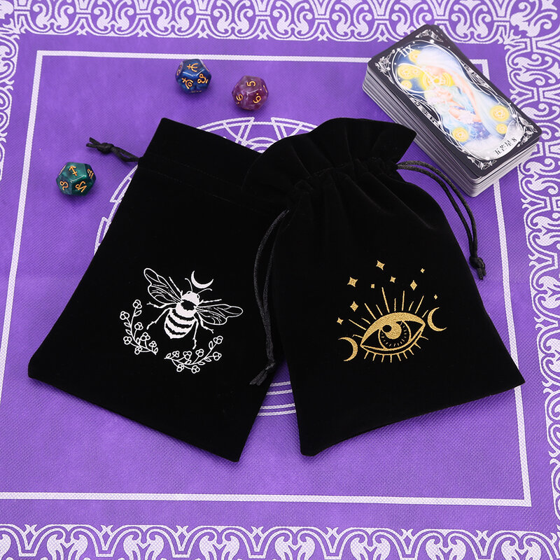 Black Velvet Tarot Storage Bag, Mini Drawstring Pacote, Bruxa Adivinhação, Crystal Pouch, Dice Holder, Jogo de Tabuleiro, Ouro, 1Pc