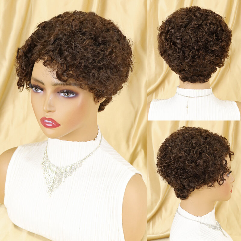 Pelucas de cabello humano brasileño para mujeres negras, pelo corto rizado sin pegamento, corte Pixie, color marrón degradado