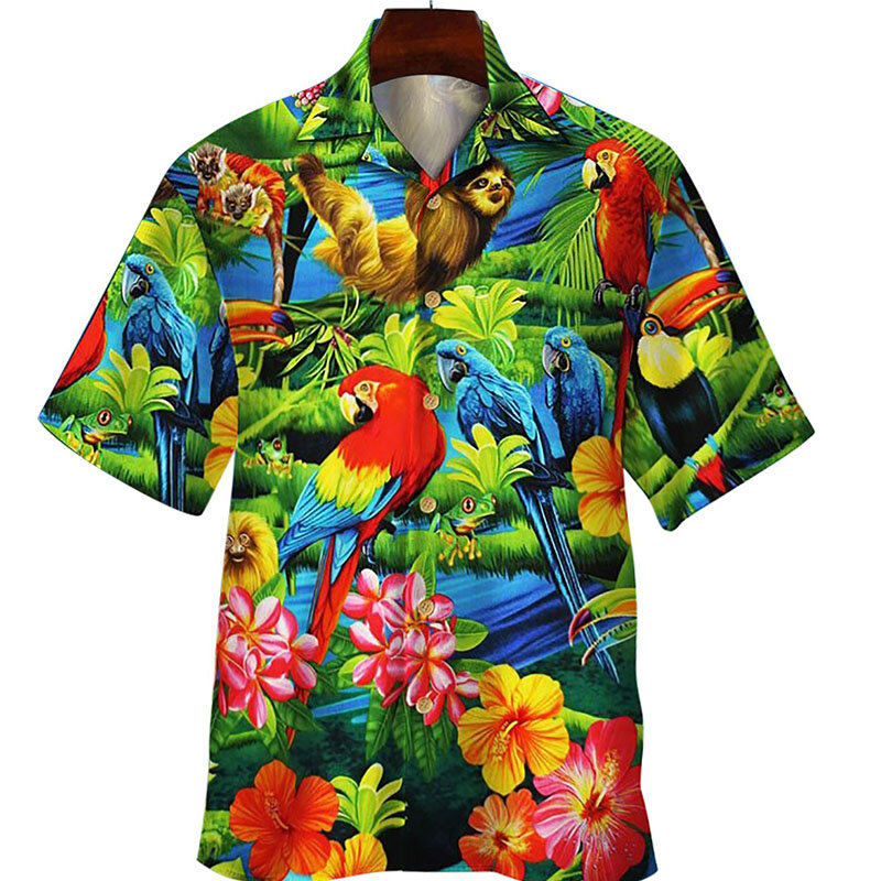Camisa estampada em papagaio floral 3D masculina e feminina, camisas da moda, de peito único, manga curta, blusa havaiana, roupas de verão