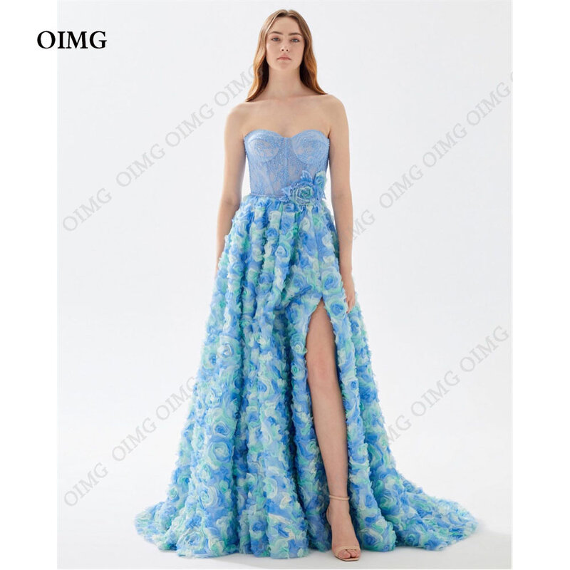 OIMG-Vestidos de Noche largos de encaje azul, vestido de fiesta sin mangas con abertura lateral, tul hasta el suelo