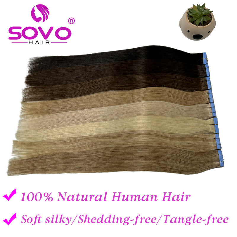 SOVO Tape In Hair Extensions 100% Human Hair Real Natural Hair European Straight Blonde Skin Weft Adhesives Remy Hair Extension