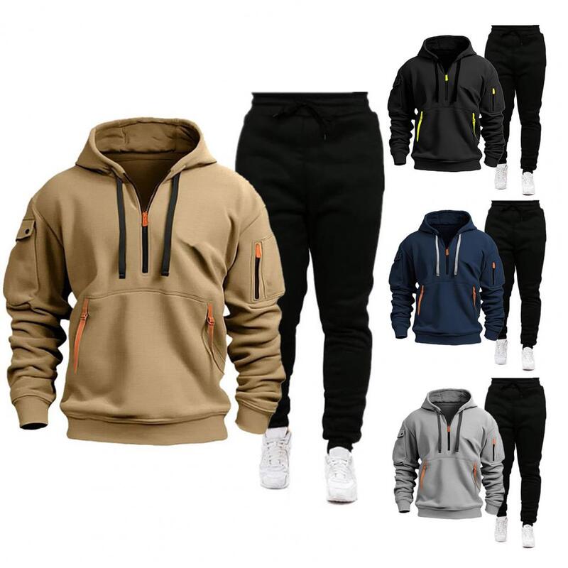 Men Track Suit with Multiple Pockets Men's Hooded Sweatshirt Sweatpants Set for Sportswear Long Sleeve Tracksuit with for Active