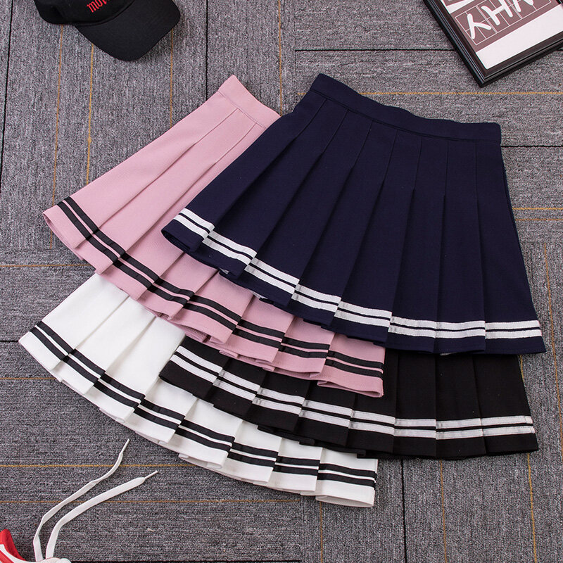 High Waist Women's Skirts Striped Pleated Elastic Waist Female Sweet Mini Dance Plaid Skirt Y2k Korean England Style