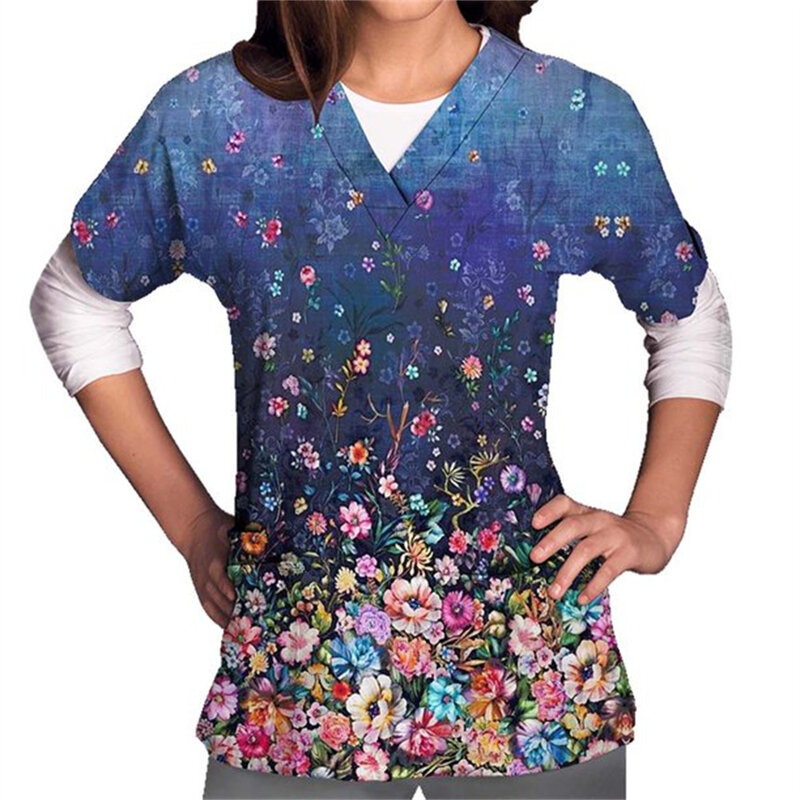 Nursing Uniform Women'S Working Uniform Woman Clothes Scrubs Top With Two Pockets Floral Printed Short Sleeve V-Neck Blouse Top