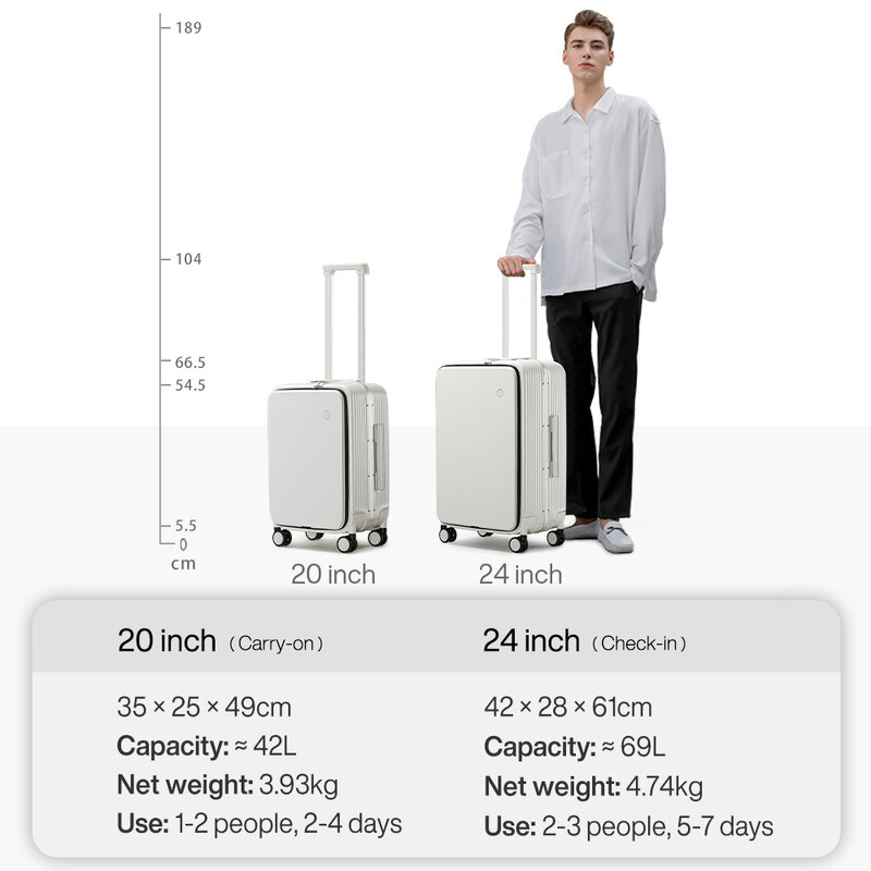 Réi-Valise à cadre en aluminium avec port USB, bagage à main à roulettes, cabine d'embarquement, tasse et support de téléphone, 20 ", 24", nouveau