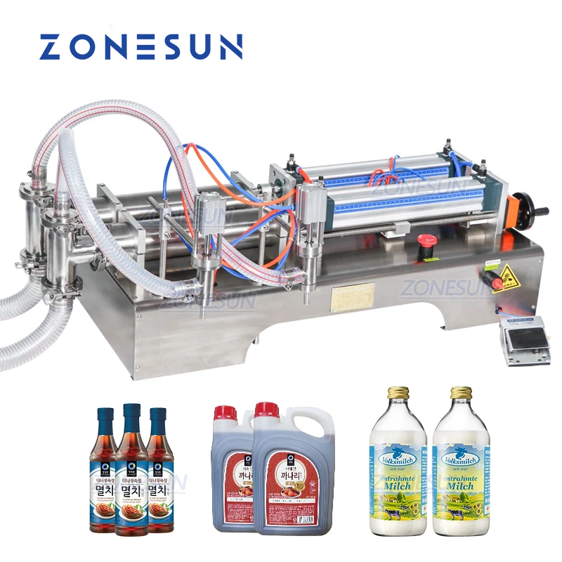 ZONESUN 2หัวแนวนอนสุราแอลกอฮอล์ Liquid Filler Dispenser เครื่องดื่มน้ำไวน์เชิงปริมาณบรรจุเครื่อง