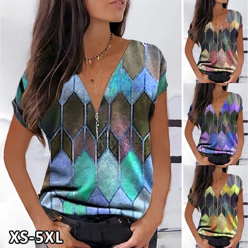 2023 Fashion Wanita Atasan kaus lengan pendek warna blok cetak ritsleting V-neck kasual blus XS-5XL