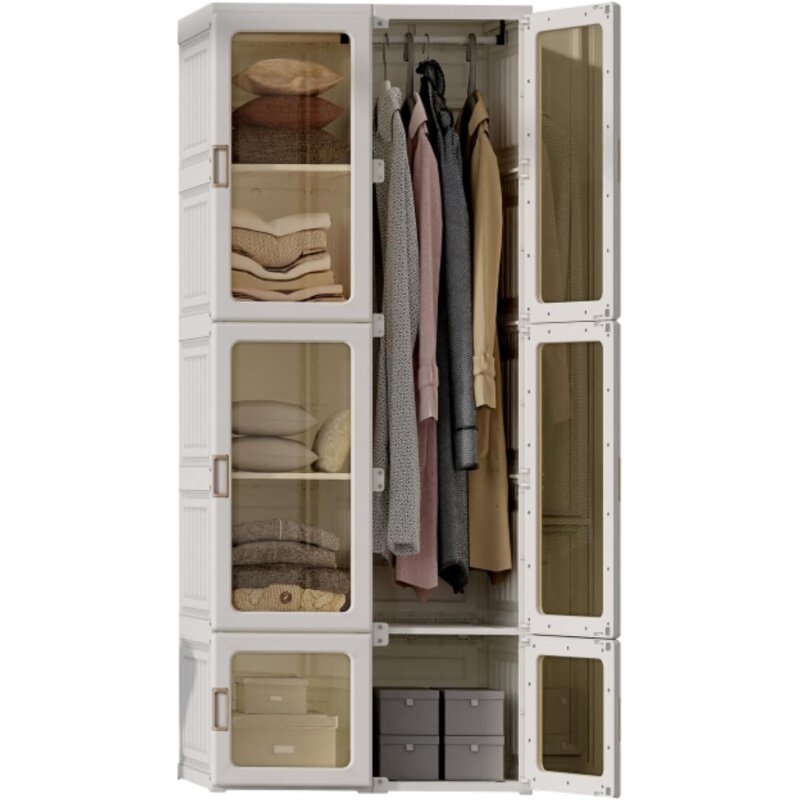 Portable Wardrobe Closet Storage Organizer for Clothes,Suitable for Living Room, Bedroom,Plastic Wardrobe with Magnetic Transpar