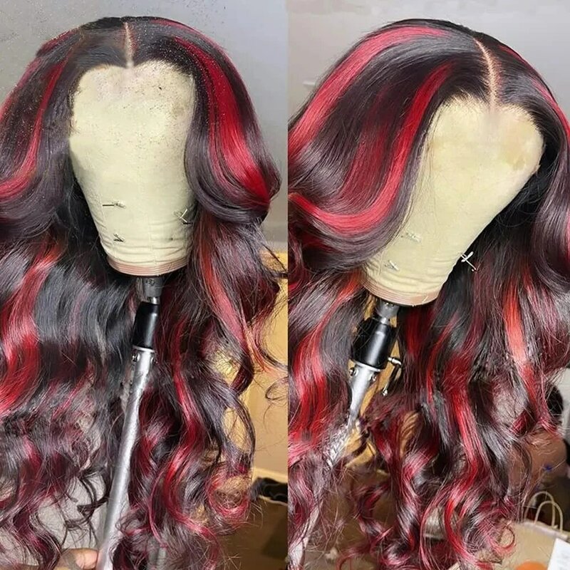Highlight Red Colored Lace Front Wig Transparent Synthetic Lace Frontal Wigs For Black Women  Straight Short Bob