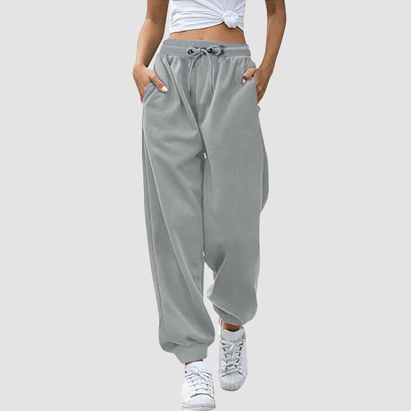 Celana olahraga wanita, celana olahraga warna Solid dengan saku pinggang tinggi kasual tali serut elastis pinggang longgar celana panjang