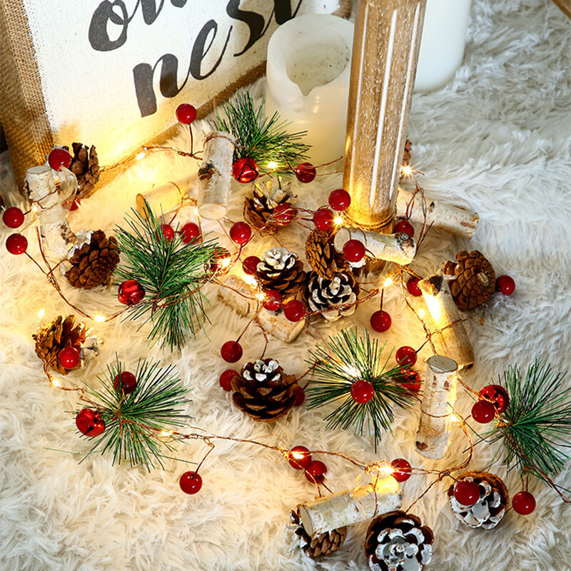 2 متر 20 LED Pinecones عيد الميلاد سلسلة ضوء الزفاف جارلاند أضواء الأحمر بيري جرس الجنية ضوء لعيد الميلاد عطلة شجرة تزيين