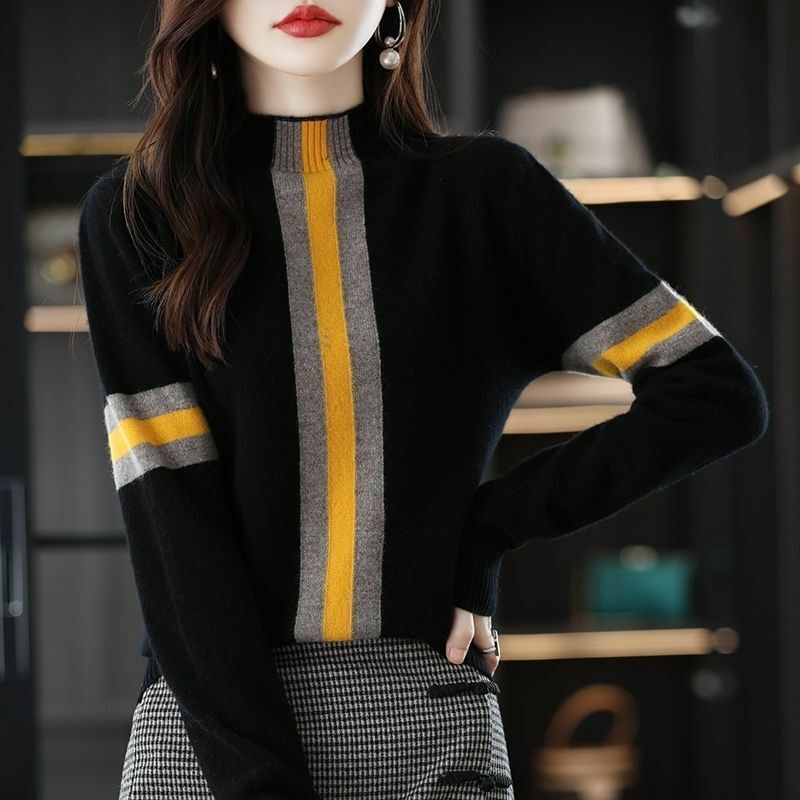 Odzież damska blokowanie kolorów swetry z długim rękawem swetry koreański półgolf swetry z dzianiny Patchwork jesienno-zimowa