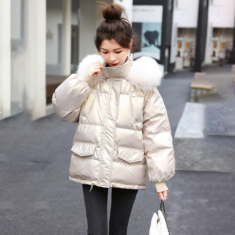 Manteau chaud à capuche avec col en fourrure pour femme, bouffant en coton noir et blanc, à la mode, nouvelle collection hiver et automne 2022