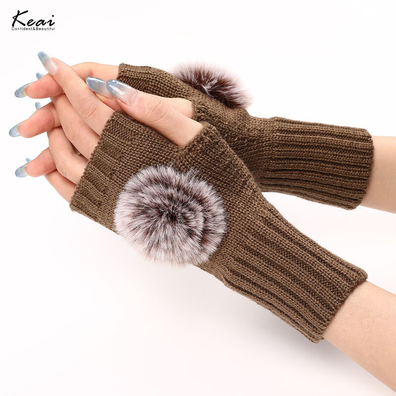 Winter Fluffy Ball Fingerless Knitted Gloves Women Warmer Fashion Soft High Elasticity Short Mitt Casual Girls Crochet Glove