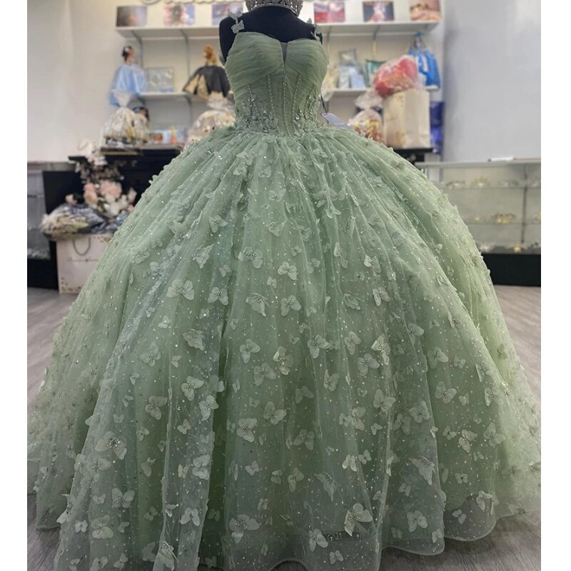 Vestido De quinceañera plisado con lazo De mariposa 3D, verde salvia, correa De espagueti, corsé con cuentas De cristal, 15 Años