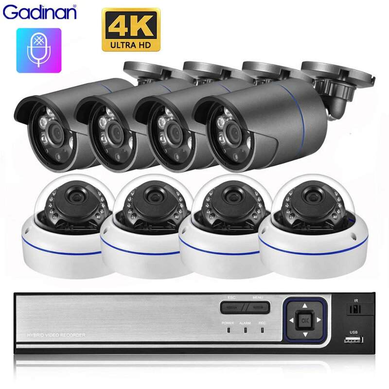 Gadinan CCTV 야외 방수 돔 비디오 감시 IP 카메라, 보안 보호 시스템, H.265 POE NVR 키트, 4K 정의, 8MP