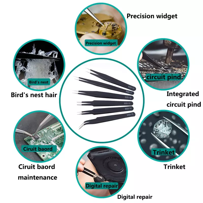 Set di pinzette di precisione da 2/6 pezzi ESD pinzette antistatiche in acciaio inossidabile strumenti di riparazione per strumenti di saldatura per riparazione elettronica