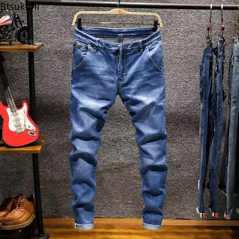 New 2024 Men's Stretch Skinny Jeans Pants Fashion Casual Slim Denim Trousers Solid Long Jeans Pants Male Plus Size Jeans 7Colors