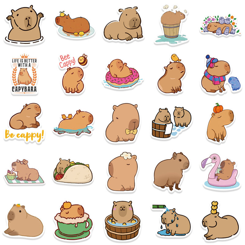 50 Stuks Schattige Cartoon Capybara Pvc Graffiti Sticker Plakkerig Esthetisch Decoratief Plakboek Diy Kind Telefoon Briefpapier