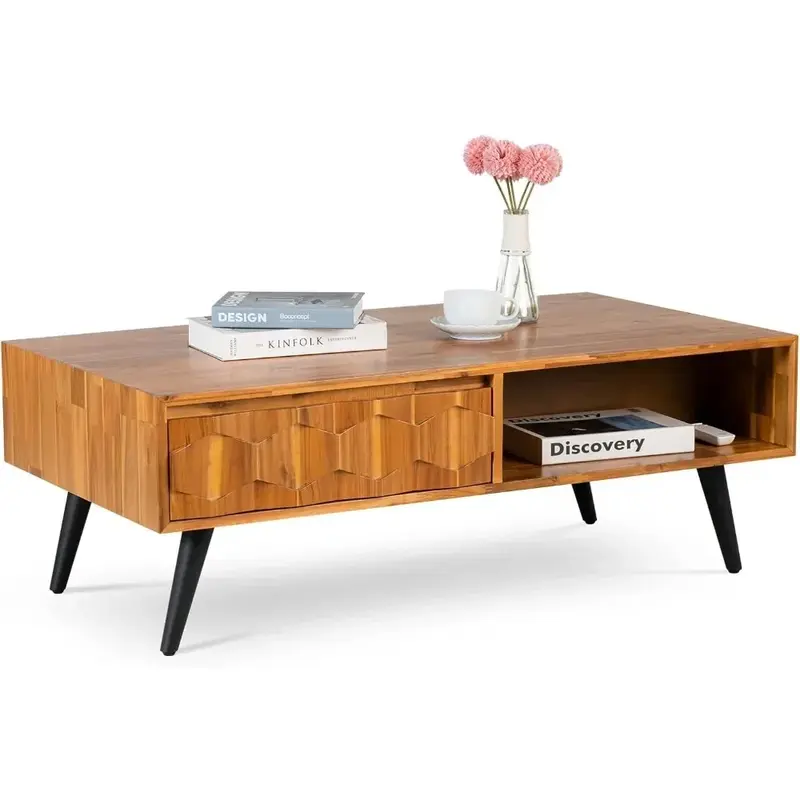 Coffee Table Mid Century Modern With 2 Symmetrical Storage Drawers & Geometric Details Fully Assembled Center Table Dolce Gusto