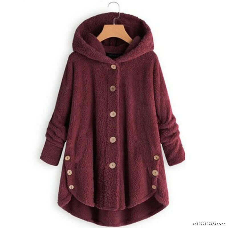 Abrigo de piel sintética de leopardo para mujer, Chaqueta de manga larga con capucha y botones, abrigos femeninos con bolsillos, ropa cálida exterior de invierno