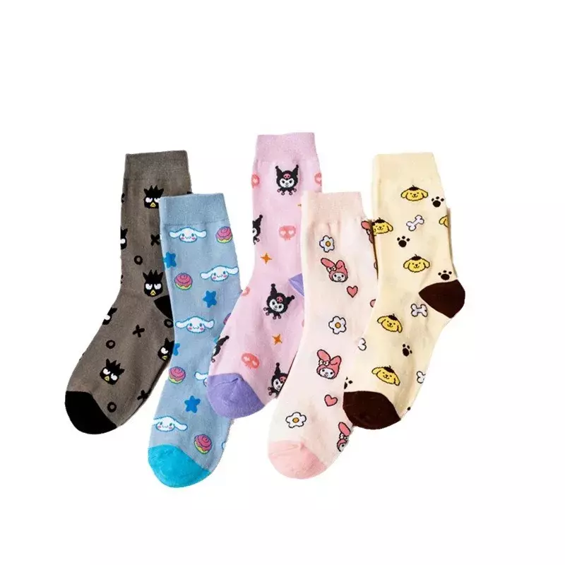 Женские носки Sanrio с мультяшным принтом, хлопковые носки карамельных цветов для девочек, носки-трубы среднего размера, милые длинные носки-трубы для маленьких собак