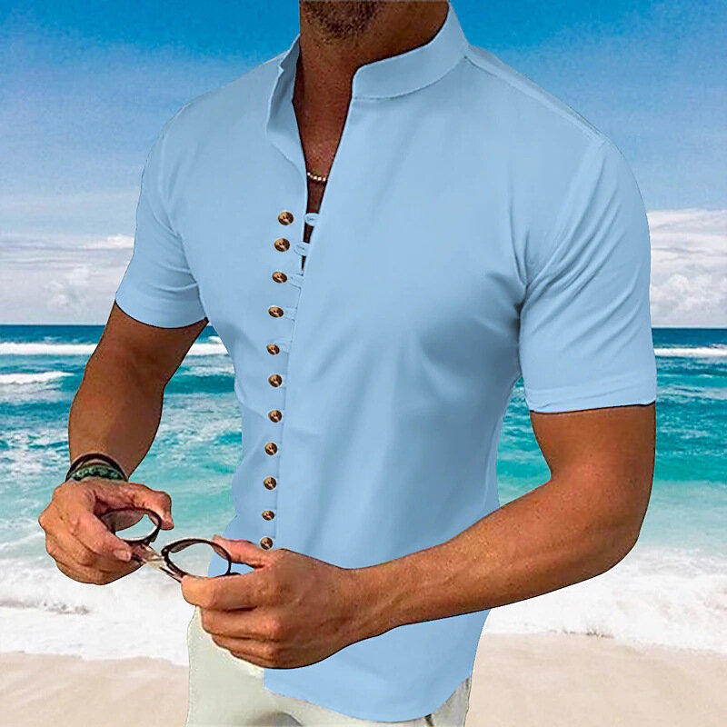Men's new summer fashion high quality short sleeve shirt single breasted solid color lapel English style shirt