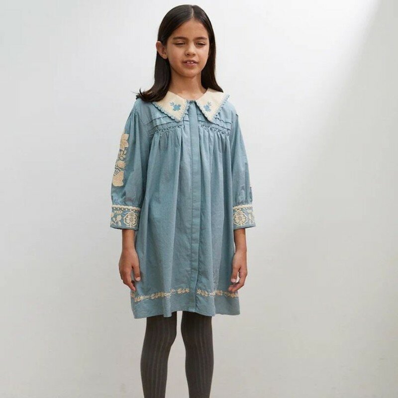Vestido de princesa bordado de alta precisão infantil, estilo APO Vintage Ins, resistente, meninas, outono, inverno, 2023