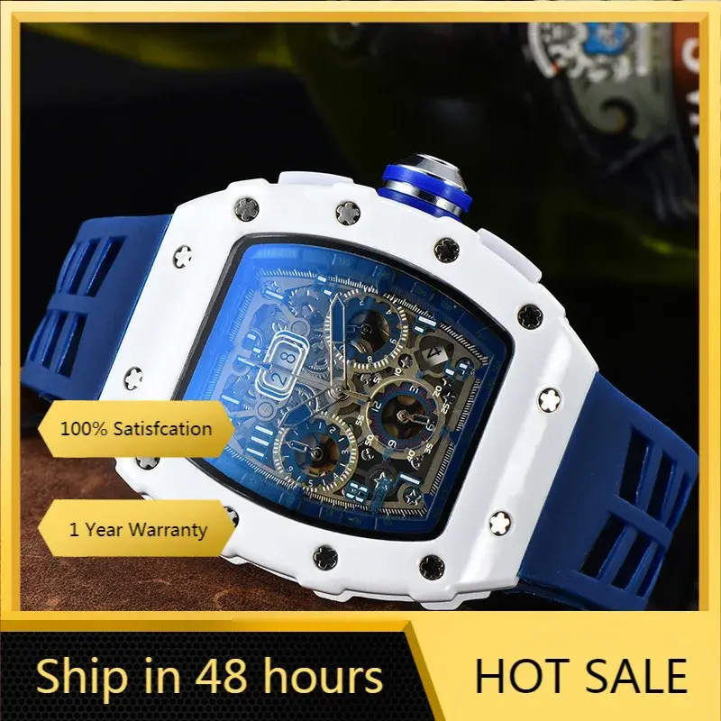 นาฬิกาควอทซ์เสื้อสำหรับผู้ชายแฟชั่นสีขาว6เข็มนาฬิกากีฬาอัตโนมัติปี2024นาฬิกามัลติฟังก์ชั่นแบรนด์หรู