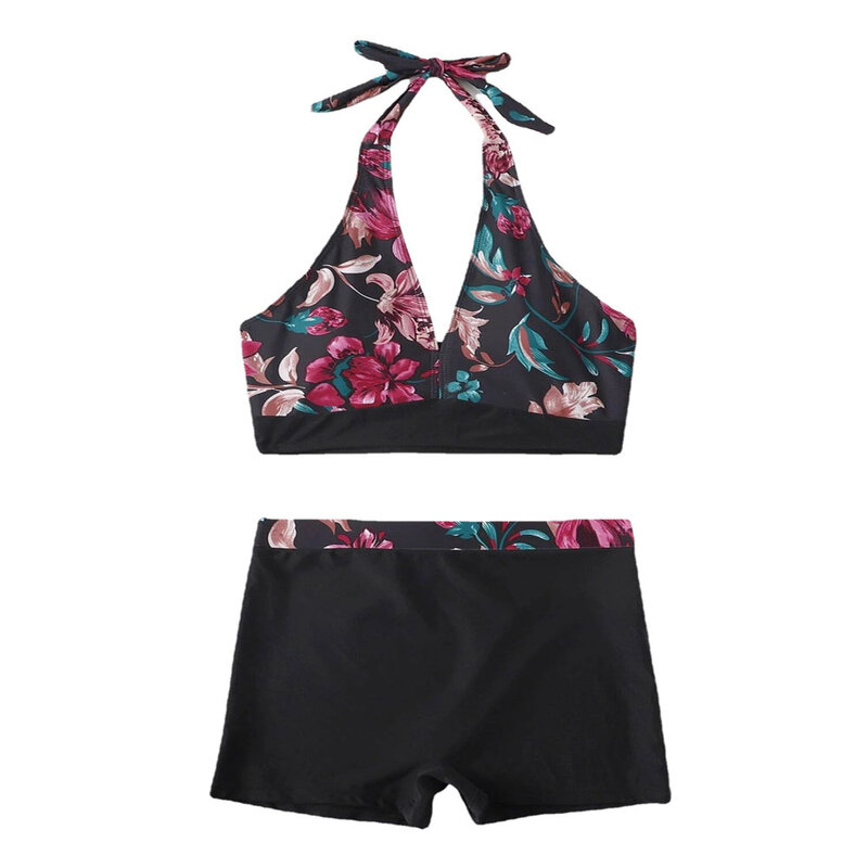 여성용 스플릿 수영복, 프린트 레이스업 행잉 넥, 섹시한 비키니 세트, 비치웨어, 투피스 수영복, 여름