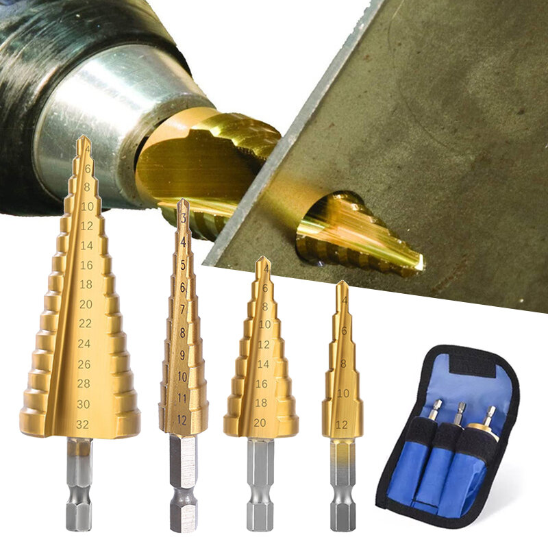 Schritt Bohrer 3-12mm 4-12mm 4-20mm 4-32mm HSS gerade Nut Titan Beschichtet Holz Metall Loch Cutter Bohren Power Tools Set