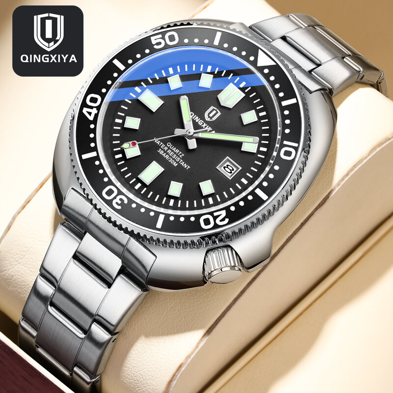 QINGXIYA jam tangan kuarsa tahan air pria, arloji merek terkenal mewah baja tahan karat bercahaya, jam tangan olahraga fesyen untuk pria