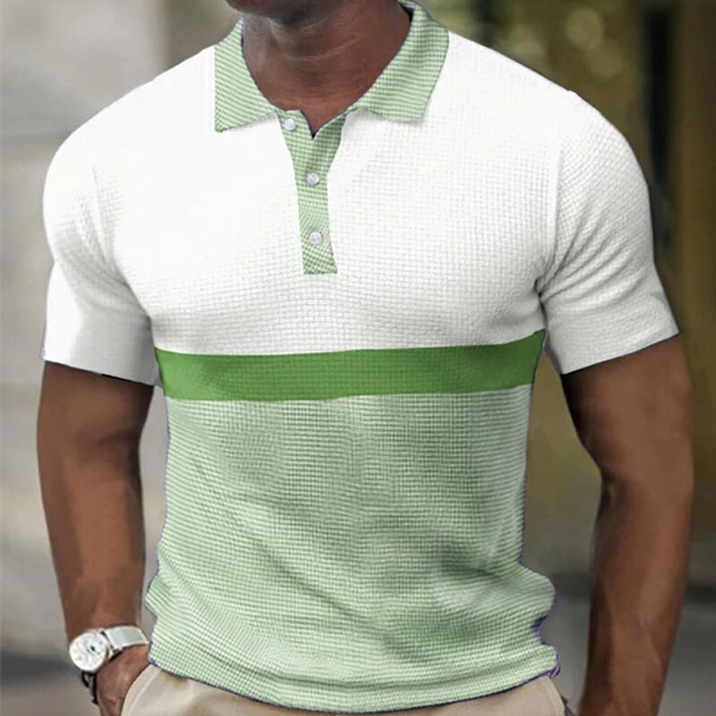 Polo nowe męskie patchworkowy w stylu Casual Color block koszulki Polo Top skręcić w dół kołnierz bluzka z guzikami mężczyźni lato koszulki z krótkim rękawem