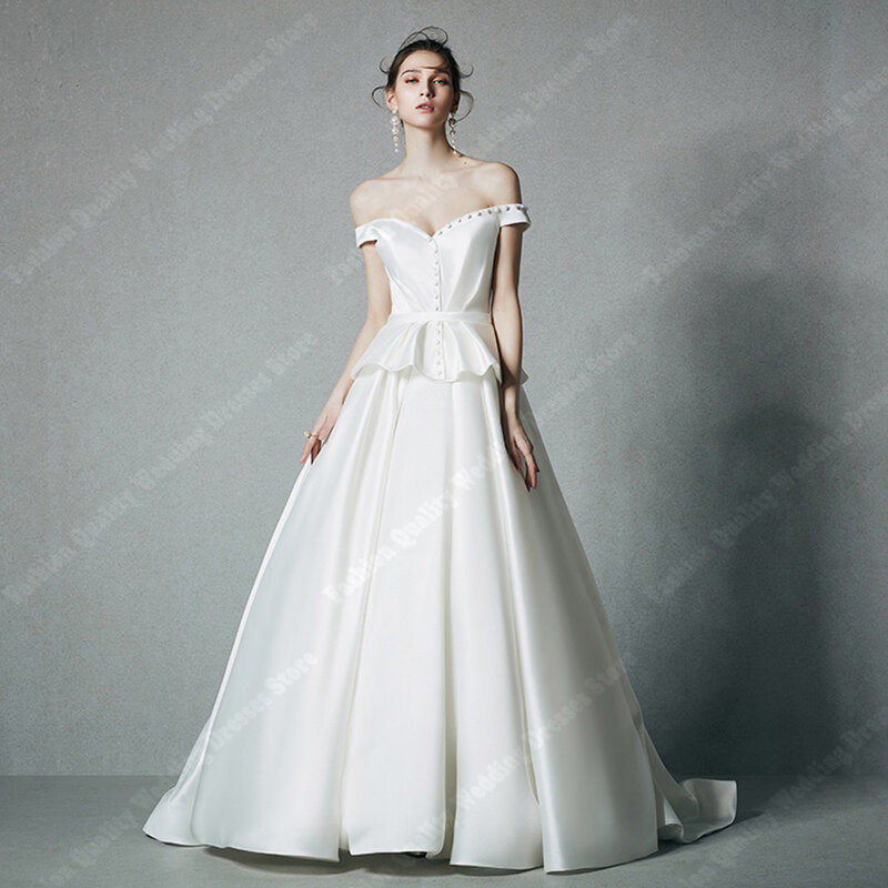 Eleganckie lśniące satynowe suknie ślubne 2024 nowe puszyste o linii a duża spódnica z ramionami szaty imprezowe kobiety Vestidos De Novia