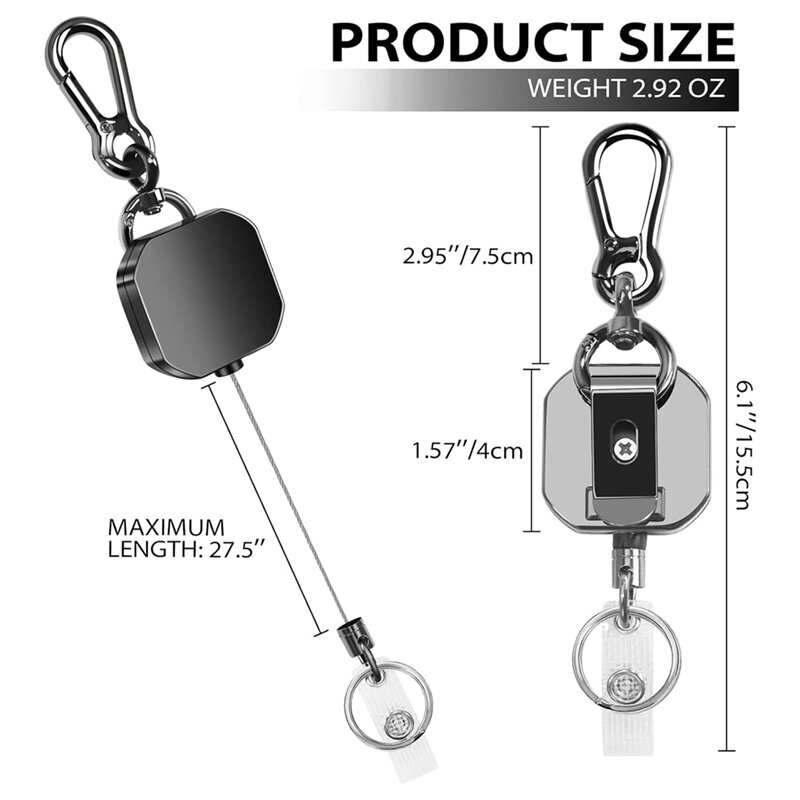 Metal Keychain Heavy Duty Metal ID Badge Holder Key Reel, Carabiner Keychain With Belt Clip, 27.5Inch Steel Cord