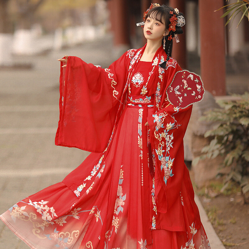 أزياء أصلية على طراز Hanfu مع تطريز وردي ، وأكمام طويلة ، وتنورة كيالخصر ، ونضح سلالة أغنية ، مستوحاة من السحر القديم