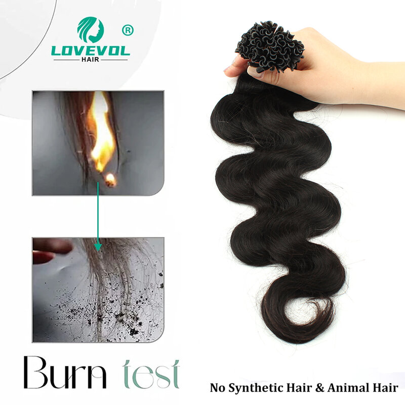 Lovevol-extensiones de cabello 100 piezas Fusion, cabello humano europeo preadherido con punta en U, queratina, onda corporal, Remy Natural