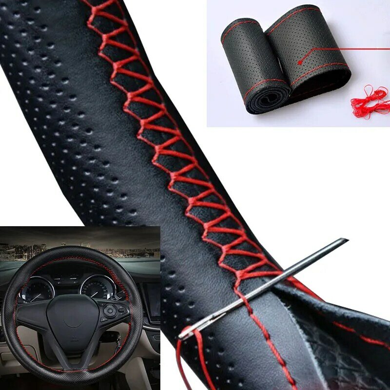 Couro artificial tampa do volante do carro, agulhas e trança Thread, Soft Textura Auto Acessórios, 3 Cores, Suite 3