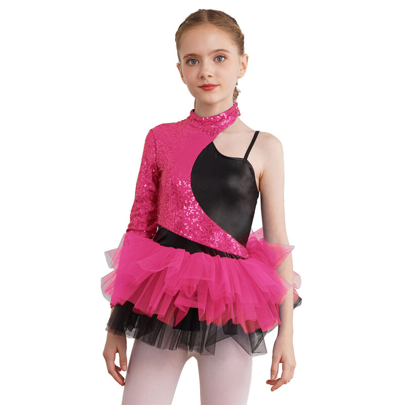 Girls Ballet Dress Kids Gymnastics Workout Dancewear Shiny Sequin Contrast Tulle Skirt Leotard Dress Dance Costume for Ballerina