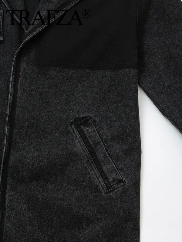 TRAFZA Trendy Black Denim Windbreaker For Women 2024 Spring Vintage Long Sleeves Patchwork Distressed Lapel Loose Vintage Coats