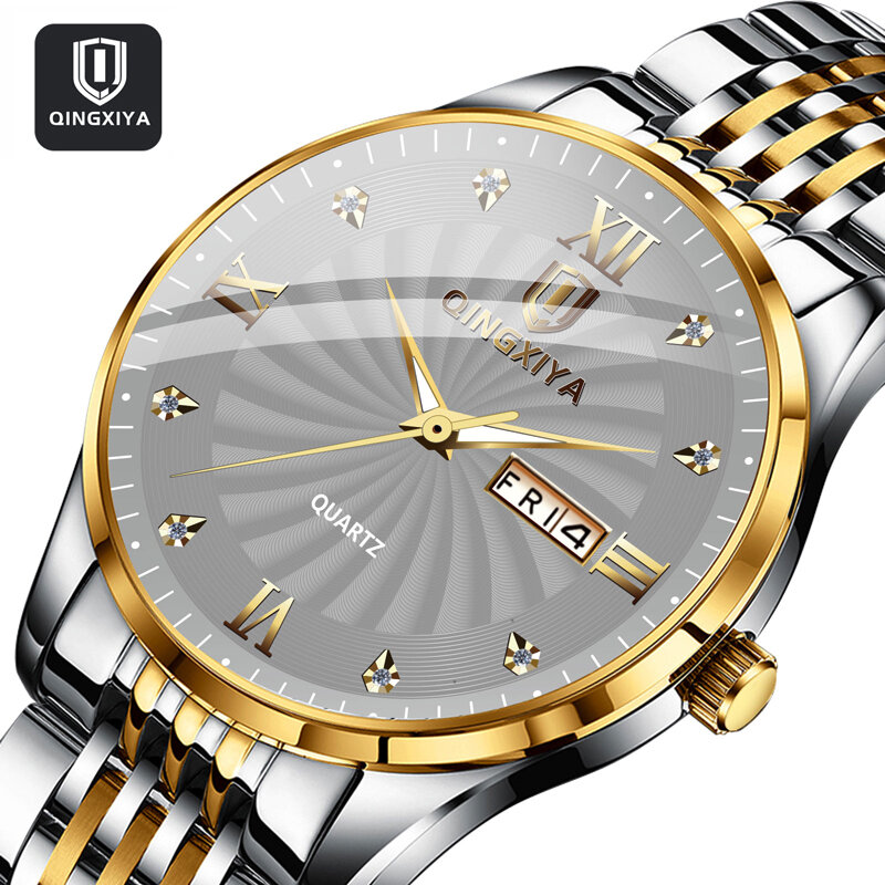 QINGXIYA luksusowe diament wodoodporna stal nierdzewna kwarcowy zegarek świetlny cotygodniowe wyświetlanie kalendarza Casual Men zegar zegarki męskie