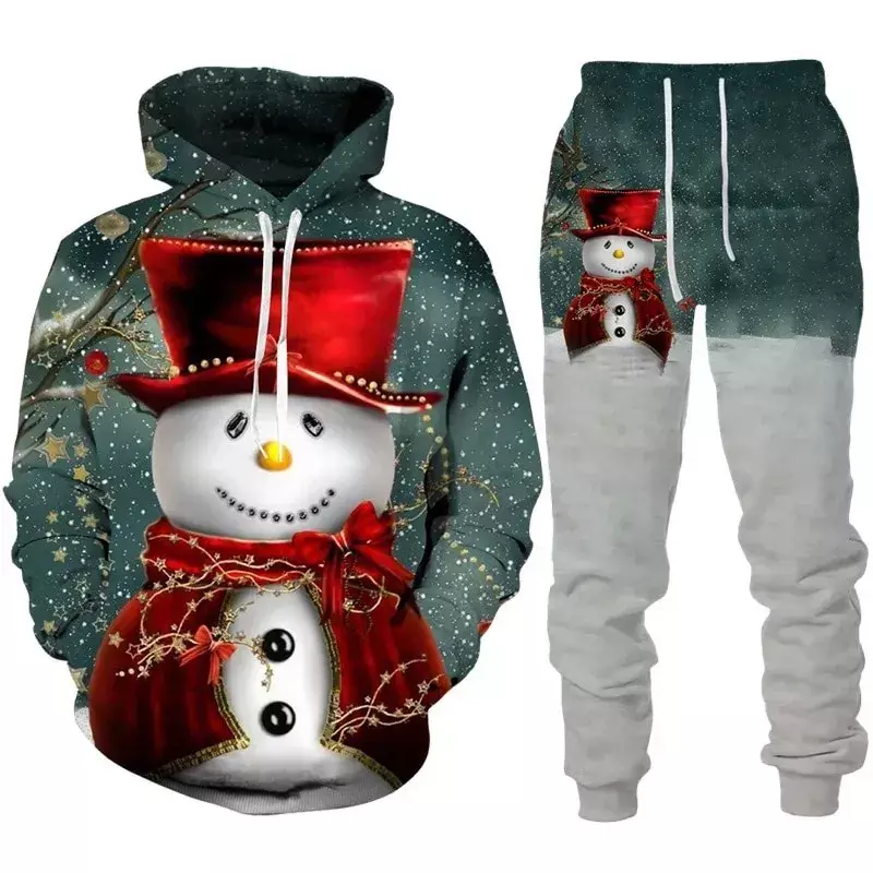 Спортивный костюм мужской с 3D-принтом Санта Клауса, Свитшот и штаны с капюшоном, повседневная одежда для рождественской вечеринки, комплект с толстовкой