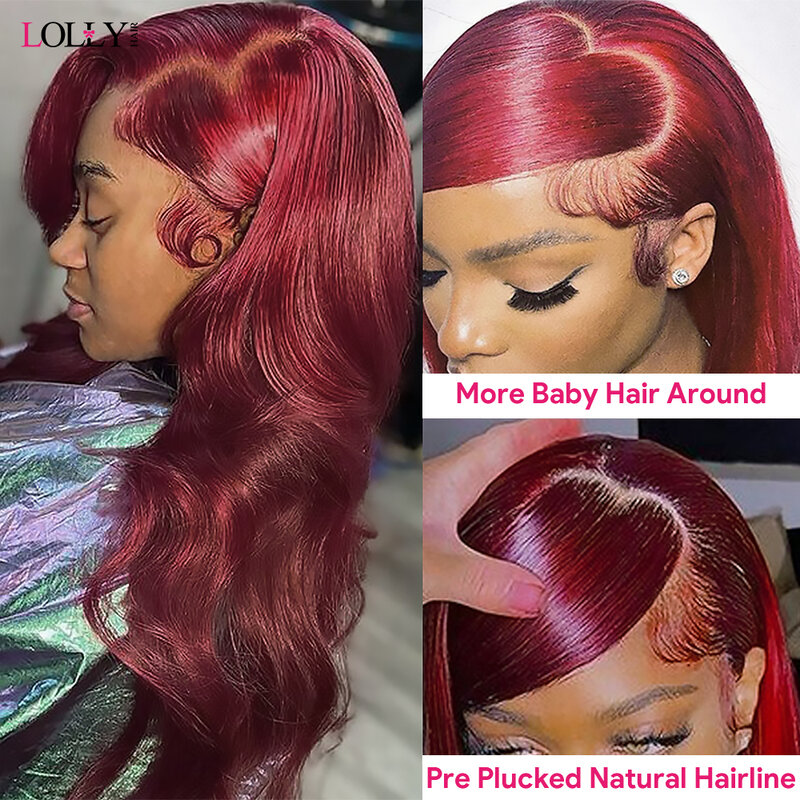 99J бордовый кружевной передний парик, объемный волнистый кружевной передний парик, цветные человеческие волосы, парики для женщин, прозрачный кружевной передний парик, человеческие волосы