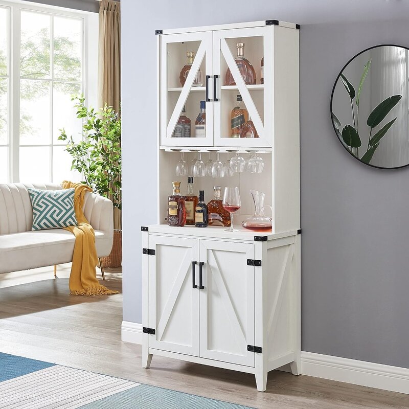 Home Source 72" Tall Wood Kitchen Storage cabinets with Doors, Transparent Glass Doors, Wine Cup Holder, Liquor Shelves Large