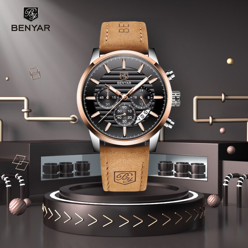Benyar-男性用高級ステンレススチールクォーツ時計,男性用高級腕時計,耐水性,2021