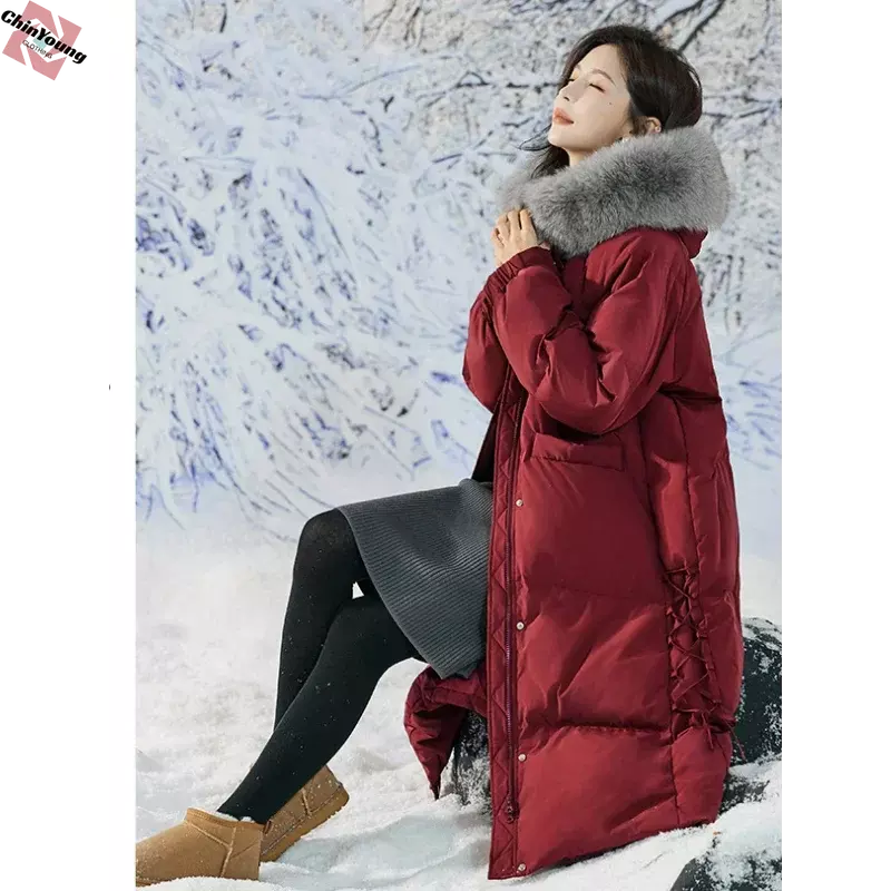 Maternity Oversized Coats White Duck Down Fox Fur Plump Women 2023 Jacket Extra Long Jackets Voluptuous Princess Thick Clothes